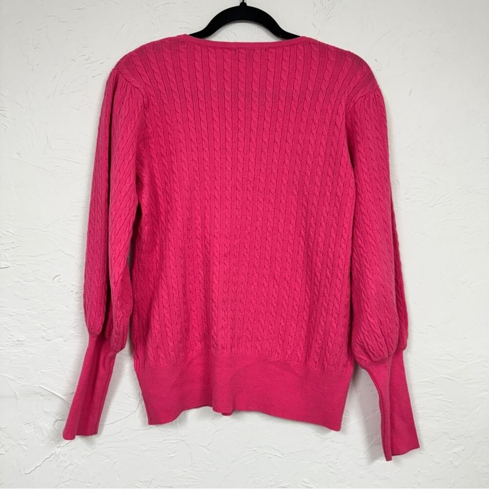 Adrianna Papell Hot Pink Cable Knit Sweater Womens M Bishop Sleeve Crew Neck - Picture 6 of 11